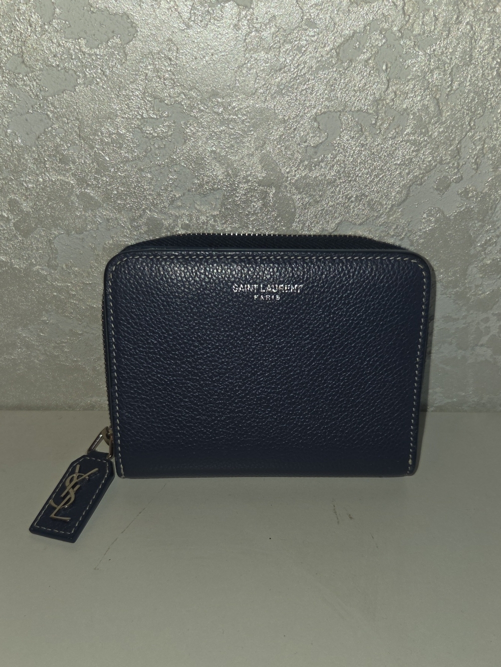 Saint Laurent Navy Pebbled Zip Wallet with Gold Logo Tag